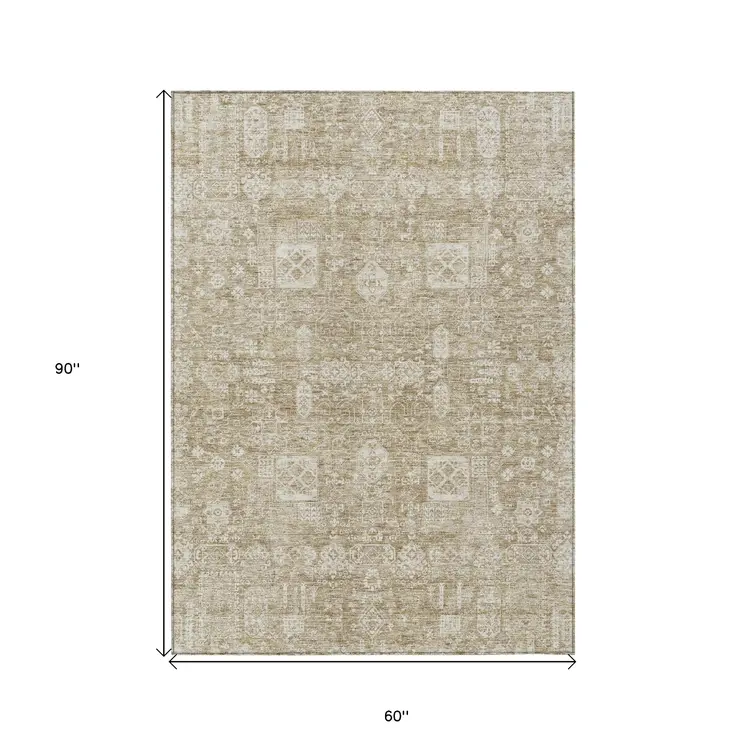 5' X 8' Beige Tan And Ivory Oriental Washable Indoor Outdoor Area Rug