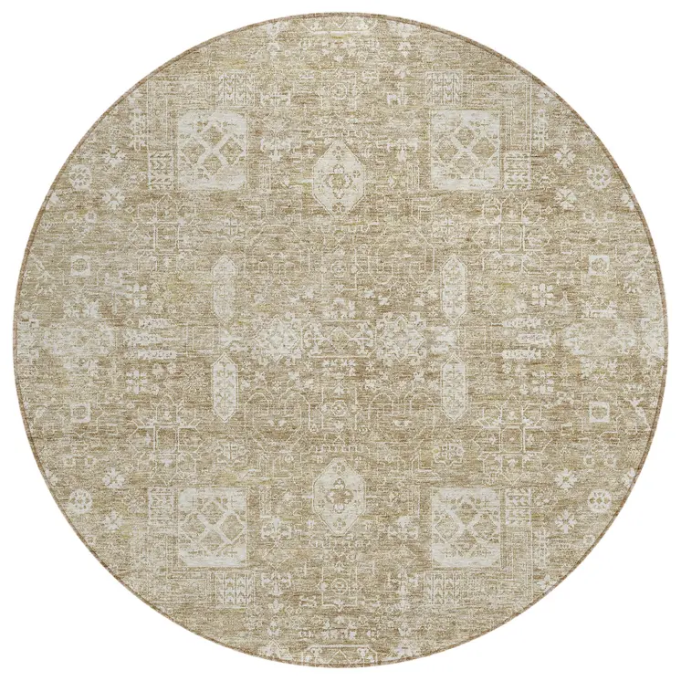 8' Beige Tan And Ivory Round Oriental Washable Indoor Outdoor Area Rug