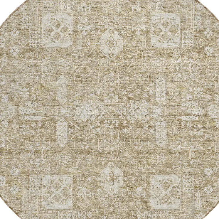 8' Beige Tan And Ivory Round Oriental Washable Indoor Outdoor Area Rug