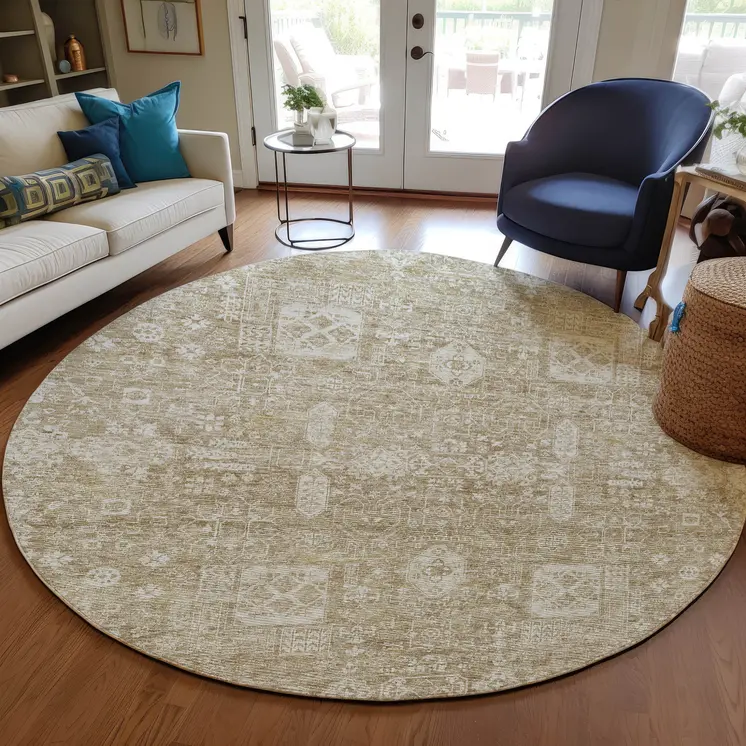 8' Beige Tan And Ivory Round Oriental Washable Indoor Outdoor Area Rug