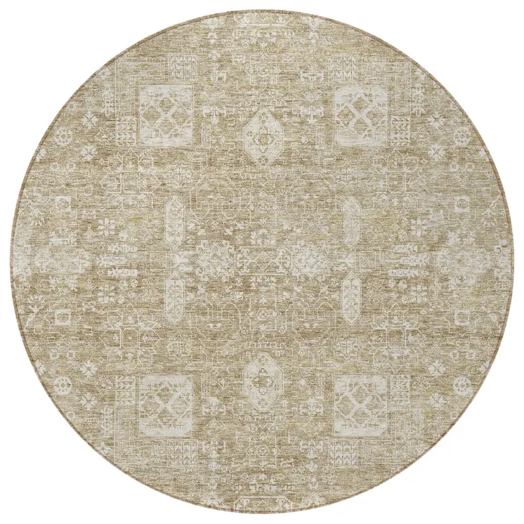 8' Beige Tan And Ivory Round Oriental Washable Indoor Outdoor Area Rug