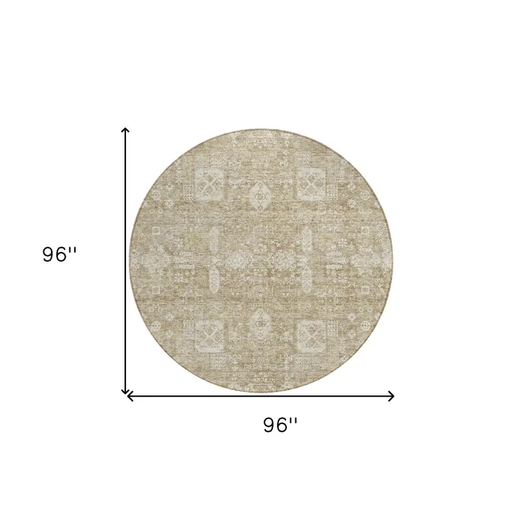 8' Beige Tan And Ivory Round Oriental Washable Indoor Outdoor Area Rug