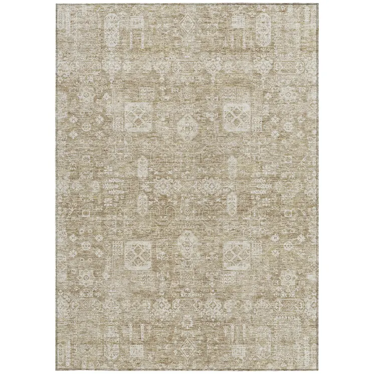 8' X 10' Beige Tan And Ivory Oriental Washable Indoor Outdoor Area Rug