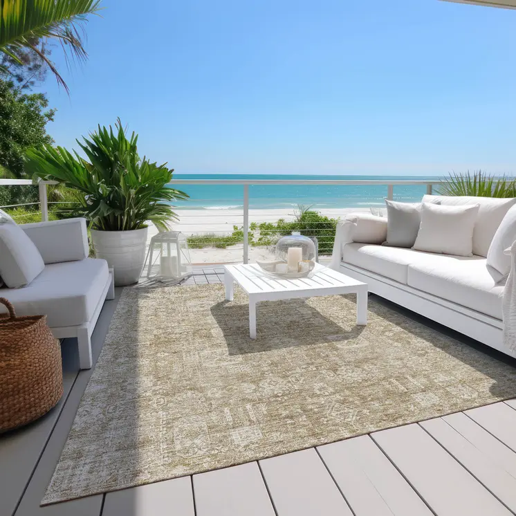 8' X 10' Beige Tan And Ivory Oriental Washable Indoor Outdoor Area Rug