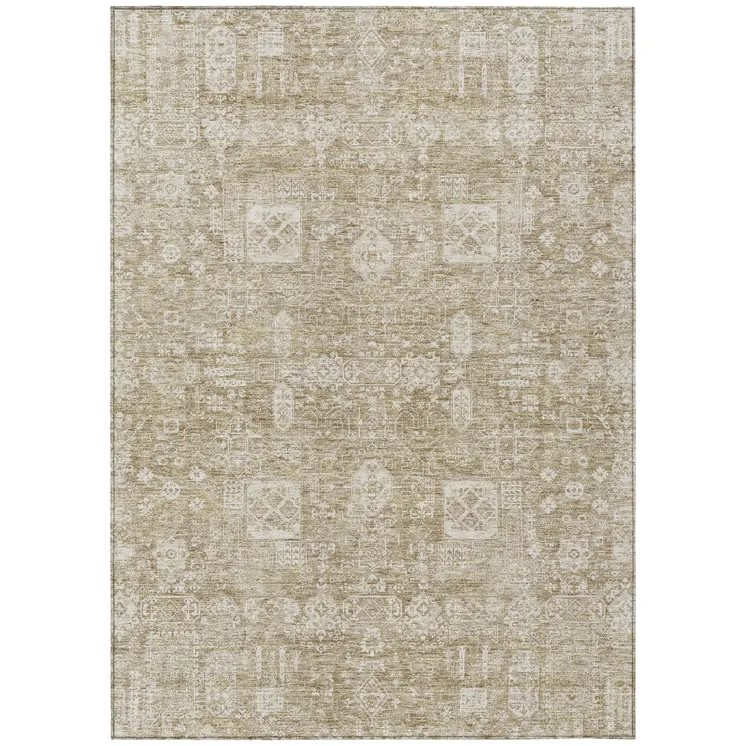 8' X 10' Beige Tan And Ivory Oriental Washable Indoor Outdoor Area Rug