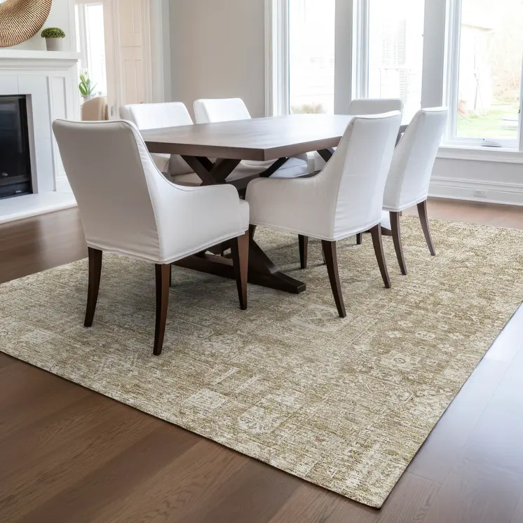 8' X 10' Beige Tan And Ivory Oriental Washable Indoor Outdoor Area Rug