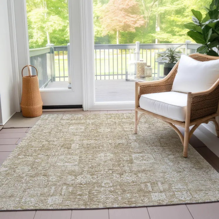 8' X 10' Beige Tan And Ivory Oriental Washable Indoor Outdoor Area Rug