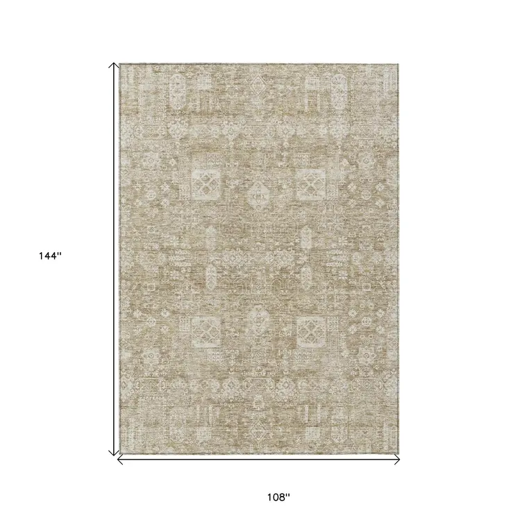 9' X 12' Beige Tan And Ivory Oriental Washable Indoor Outdoor Area Rug