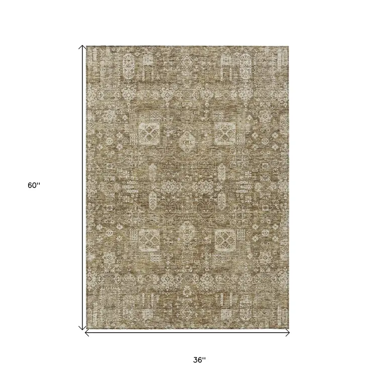 3' X 5' Brown Beige And Ivory Oriental Washable Indoor Outdoor Area Rug