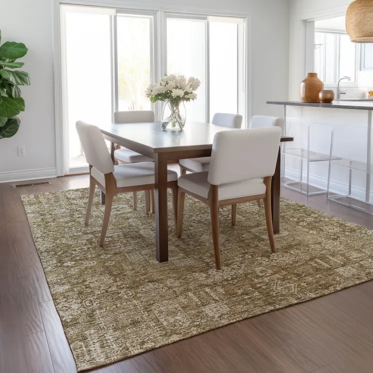 5' X 8' Brown Beige And Ivory Oriental Washable Indoor Outdoor Area Rug