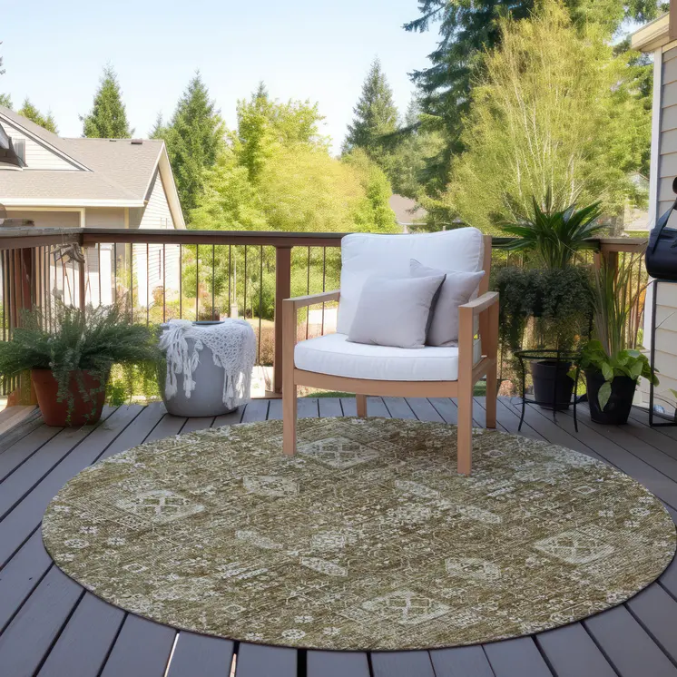 8' Brown Beige And Ivory Round Oriental Washable Indoor Outdoor Area Rug