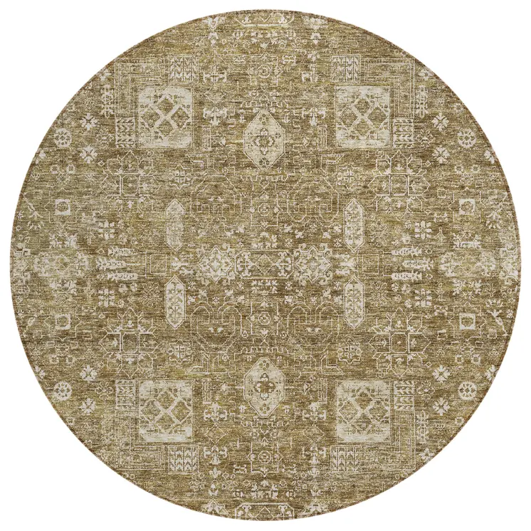 8' Brown Beige And Ivory Round Oriental Washable Indoor Outdoor Area Rug