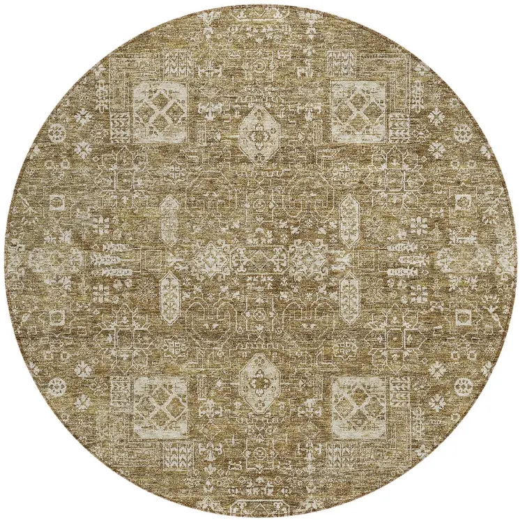 8' Brown Beige And Ivory Round Oriental Washable Indoor Outdoor Area Rug