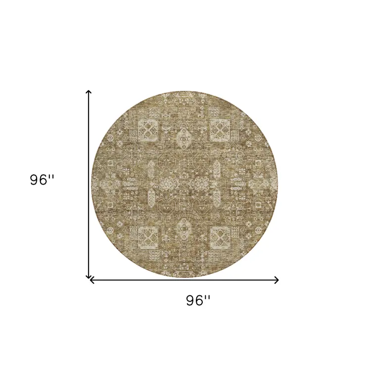8' Brown Beige And Ivory Round Oriental Washable Indoor Outdoor Area Rug