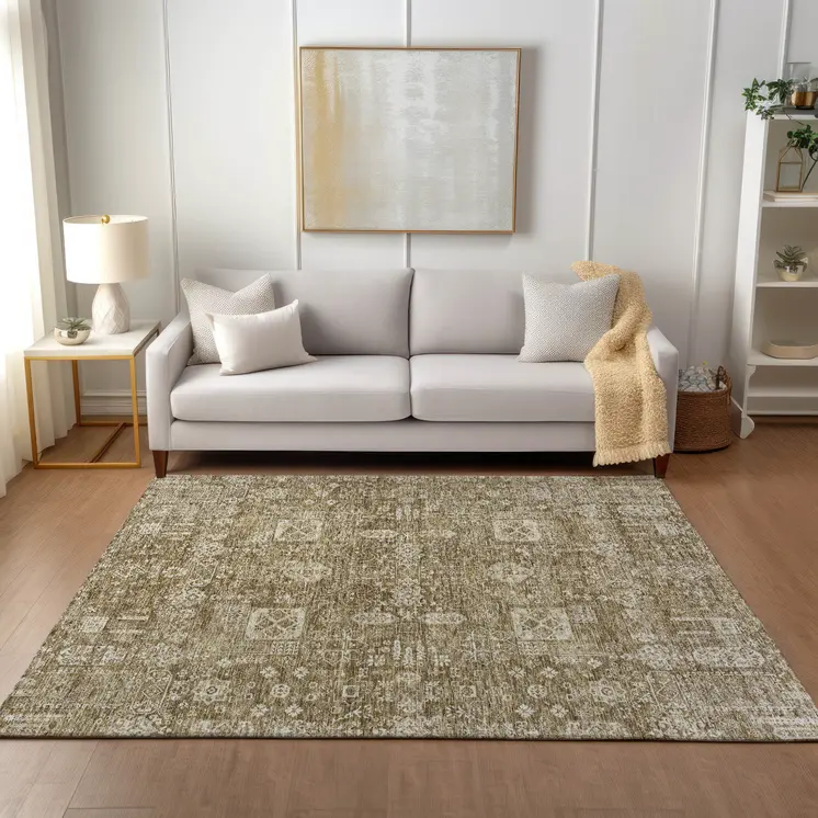 8' X 10' Brown Beige And Ivory Oriental Washable Indoor Outdoor Area Rug