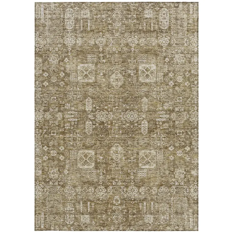 9' X 12' Brown Beige And Ivory Oriental Washable Indoor Outdoor Area Rug