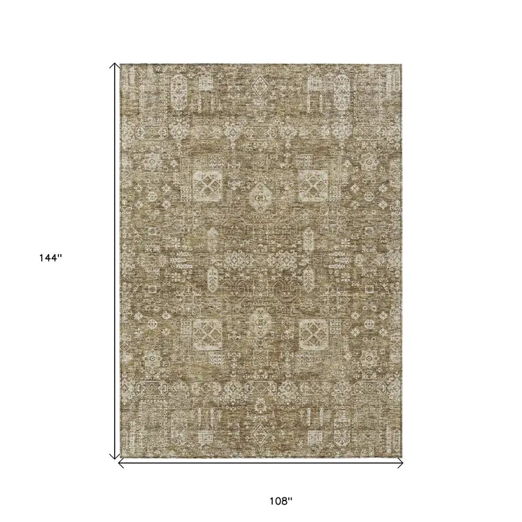 9' X 12' Brown Beige And Ivory Oriental Washable Indoor Outdoor Area Rug