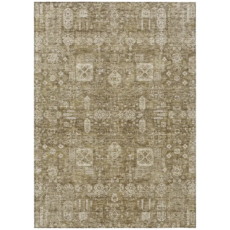9' X 12' Brown Beige And Ivory Oriental Washable Indoor Outdoor Area Rug