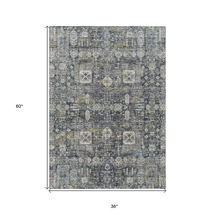 3' X 5' Charcoal Gray And Ivory Oriental Washable Indoor Outdoor Area Rug
