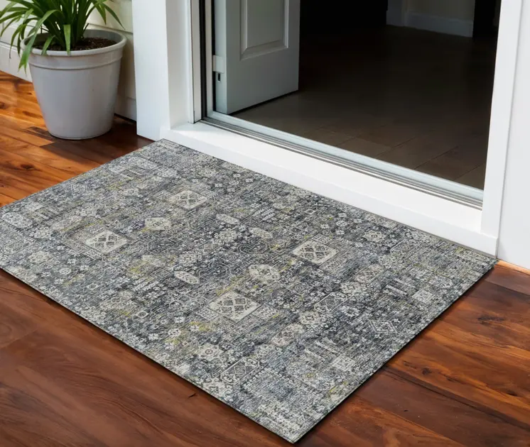 3' X 5' Charcoal Gray And Ivory Oriental Washable Indoor Outdoor Area Rug