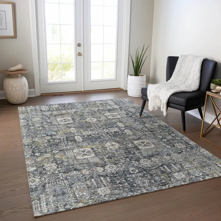 3' X 5' Charcoal Gray And Ivory Oriental Washable Indoor Outdoor Area Rug