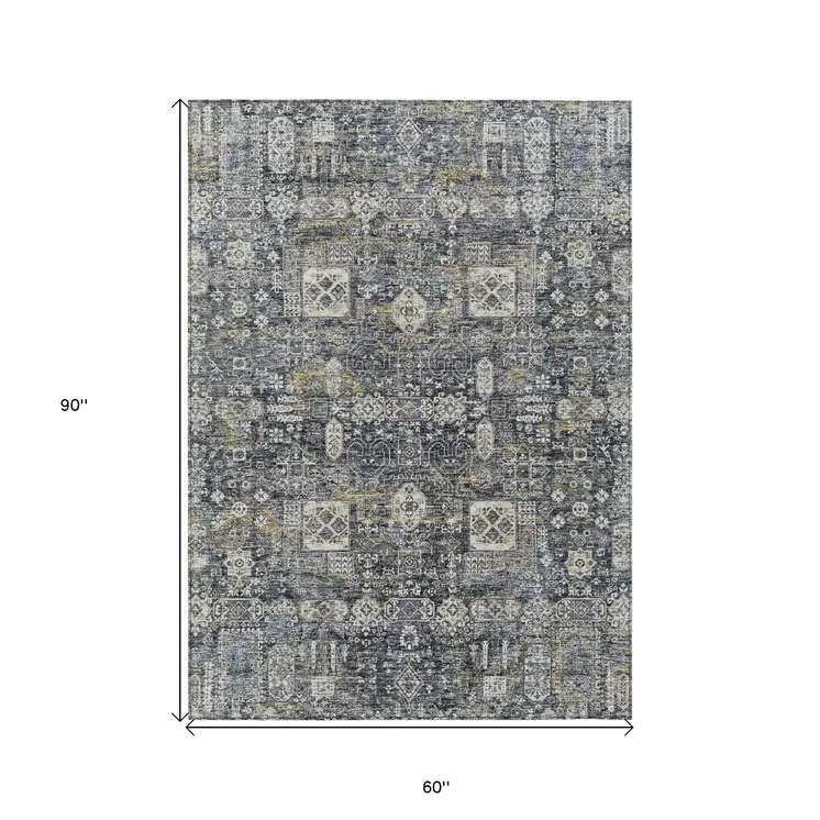5' X 8' Charcoal Gray And Ivory Oriental Washable Indoor Outdoor Area Rug