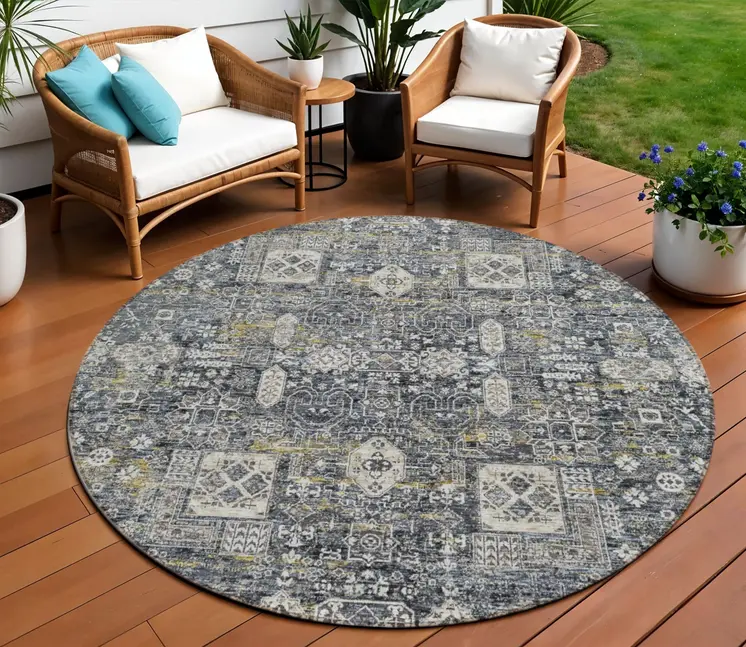 8' Charcoal Gray And Ivory Round Oriental Washable Indoor Outdoor Area Rug