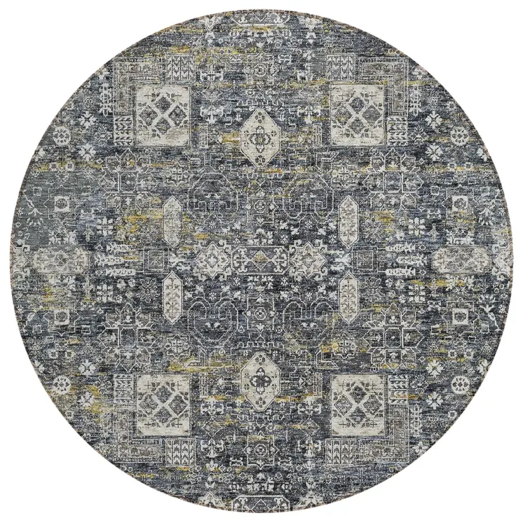 8' Charcoal Gray And Ivory Round Oriental Washable Indoor Outdoor Area Rug