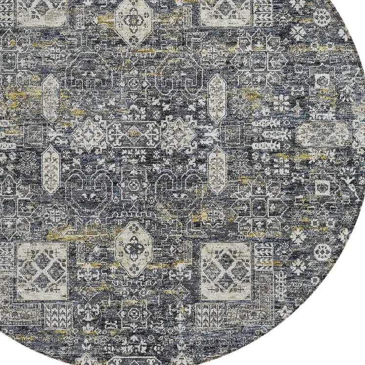 8' Charcoal Gray And Ivory Round Oriental Washable Indoor Outdoor Area Rug