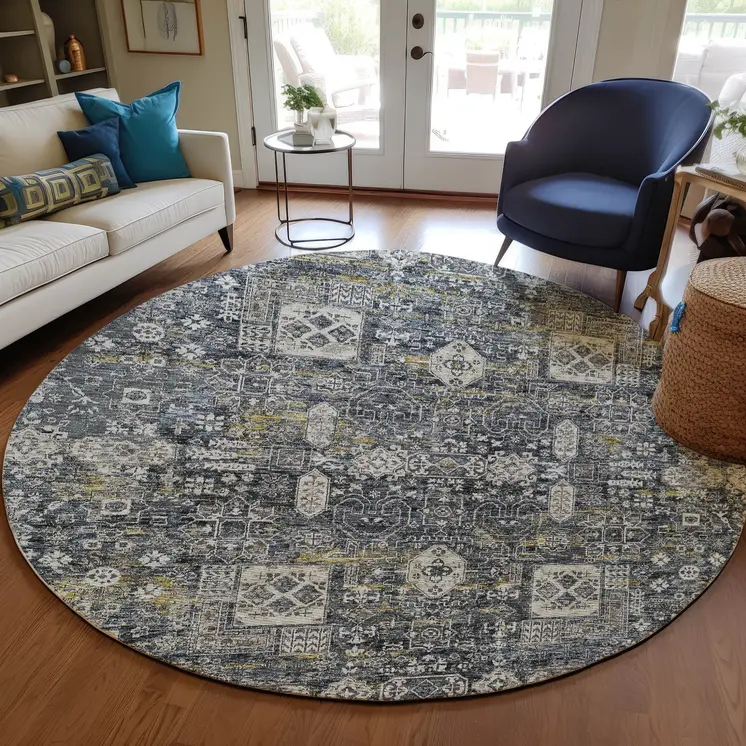 8' Charcoal Gray And Ivory Round Oriental Washable Indoor Outdoor Area Rug