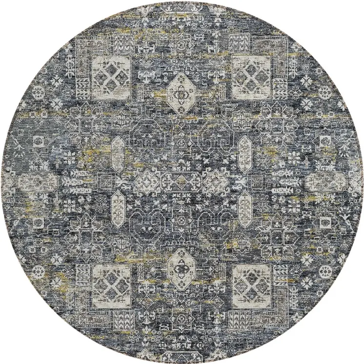 8' Charcoal Gray And Ivory Round Oriental Washable Indoor Outdoor Area Rug
