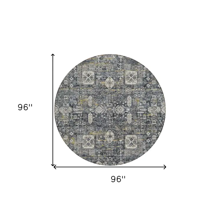 8' Charcoal Gray And Ivory Round Oriental Washable Indoor Outdoor Area Rug