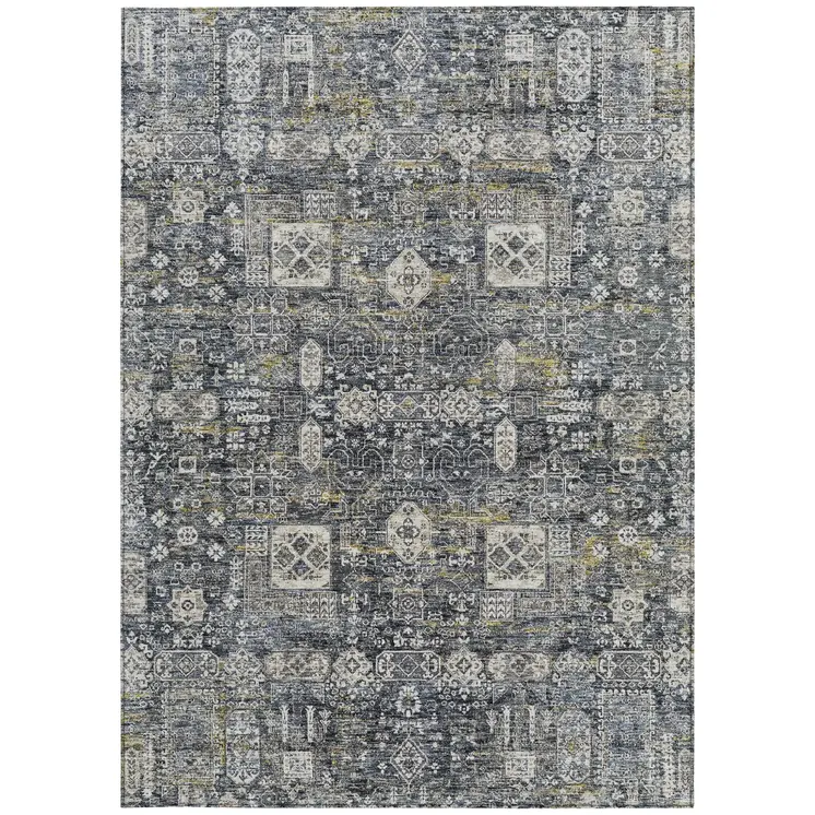 8' X 10' Charcoal Gray And Ivory Oriental Washable Indoor Outdoor Area Rug
