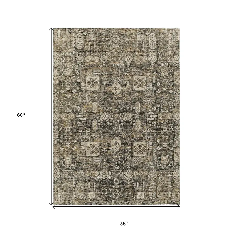 3' X 5' Coffee And Beige Oriental Washable Indoor Outdoor Area Rug