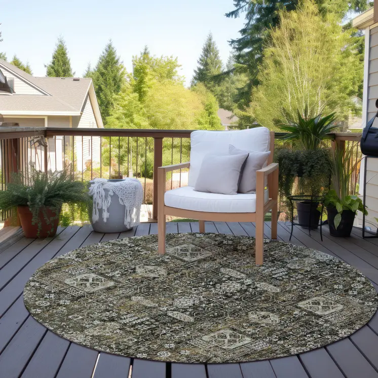 8' Coffee And Beige Round Oriental Washable Indoor Outdoor Area Rug