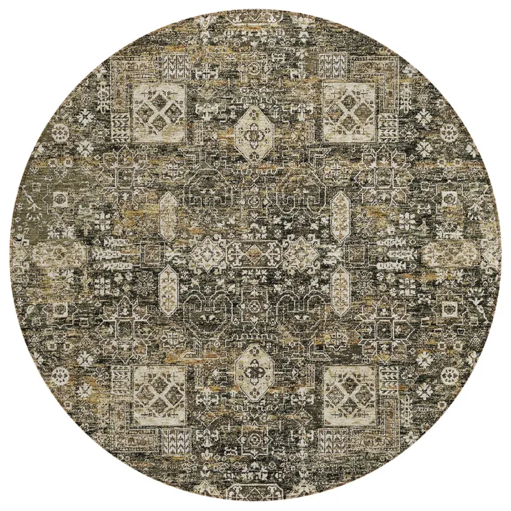 8' Coffee And Beige Round Oriental Washable Indoor Outdoor Area Rug