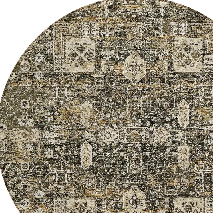 8' Coffee And Beige Round Oriental Washable Indoor Outdoor Area Rug