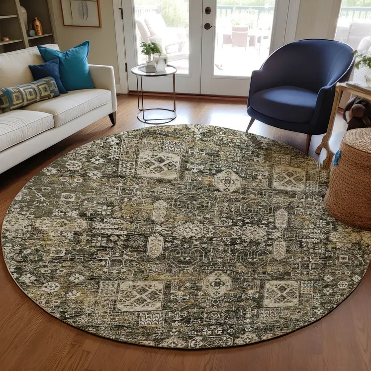 8' Coffee And Beige Round Oriental Washable Indoor Outdoor Area Rug