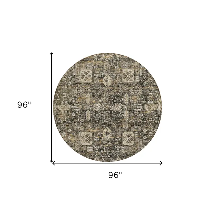 8' Coffee And Beige Round Oriental Washable Indoor Outdoor Area Rug
