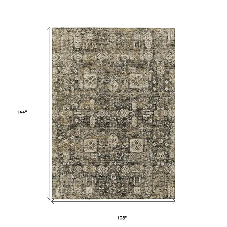9' X 12' Coffee And Beige Oriental Washable Indoor Outdoor Area Rug