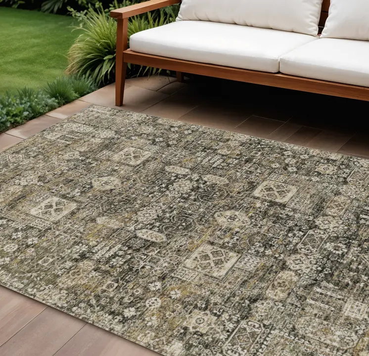 9' X 12' Coffee And Beige Oriental Washable Indoor Outdoor Area Rug