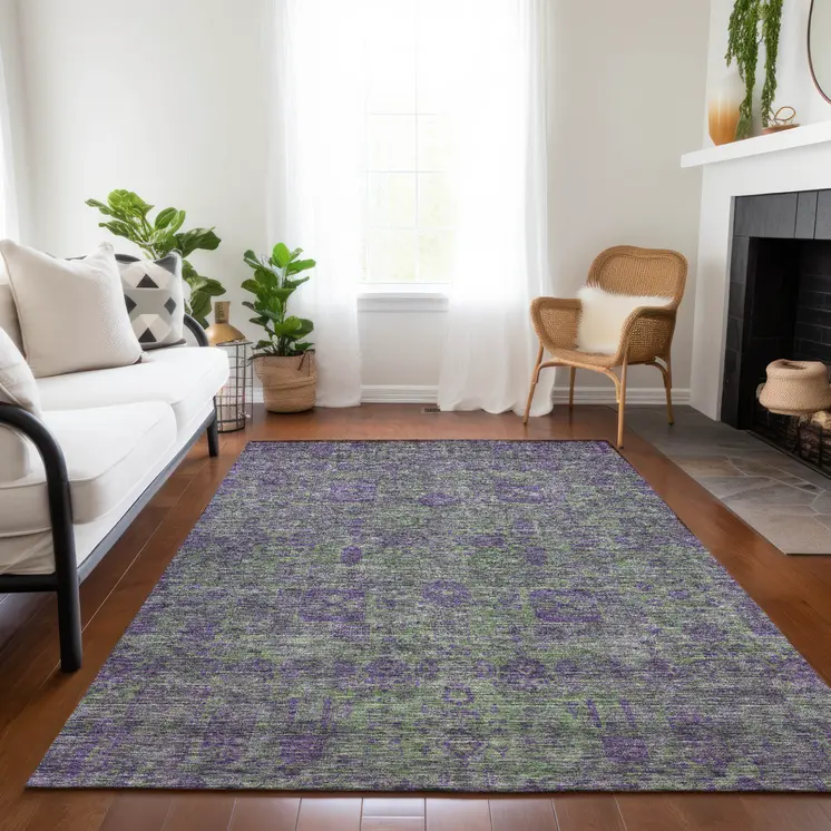3' X 5' Fern Green And Purple Oriental Washable Indoor Outdoor Area Rug
