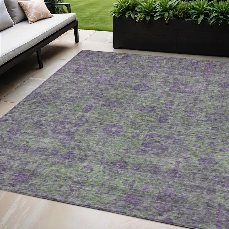 5' X 8' Fern Green And Purple Oriental Washable Indoor Outdoor Area Rug