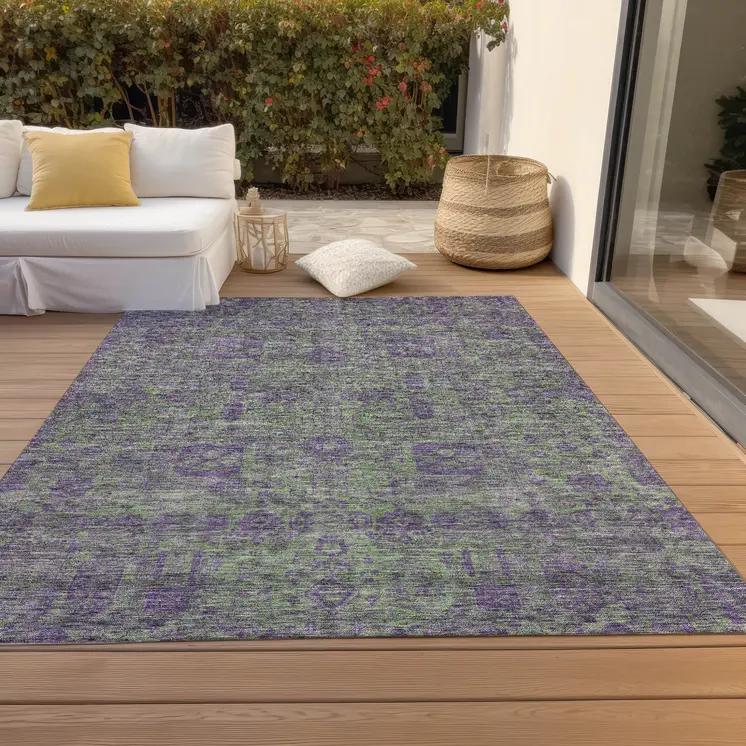 5' X 8' Fern Green And Purple Oriental Washable Indoor Outdoor Area Rug