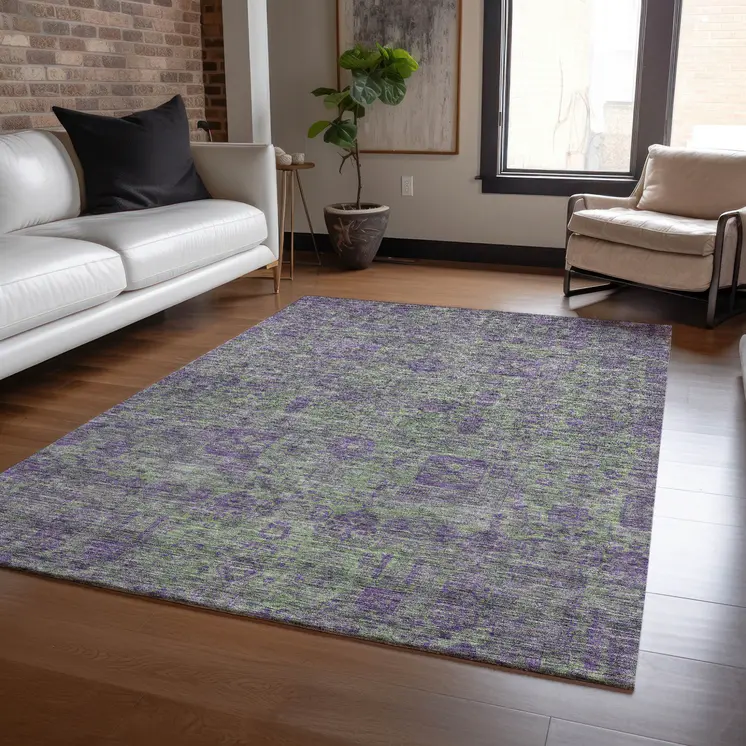 5' X 8' Fern Green And Purple Oriental Washable Indoor Outdoor Area Rug