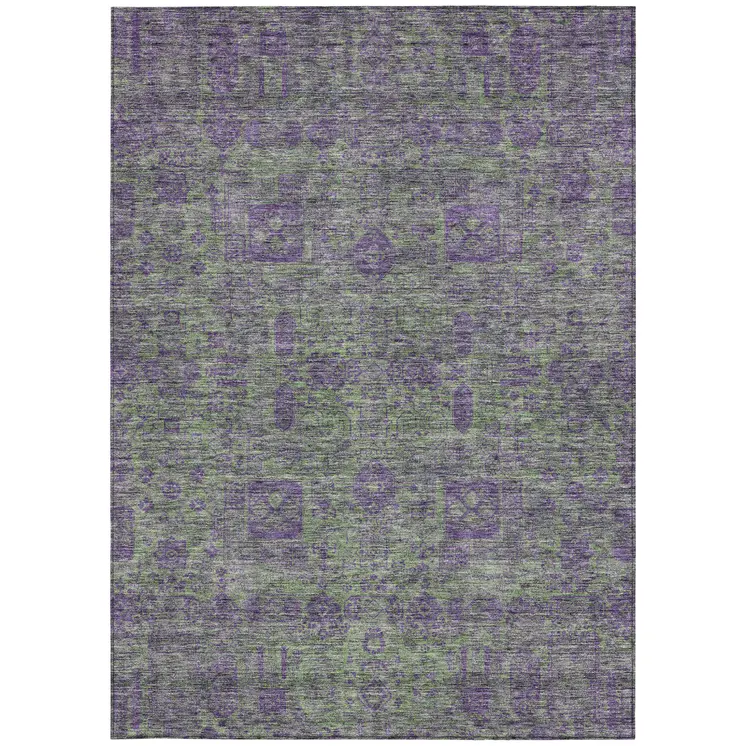 8' X 10' Fern Green And Purple Oriental Washable Indoor Outdoor Area Rug