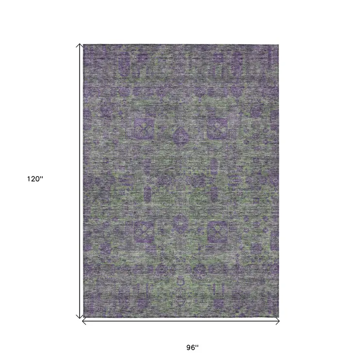 8' X 10' Fern Green And Purple Oriental Washable Indoor Outdoor Area Rug