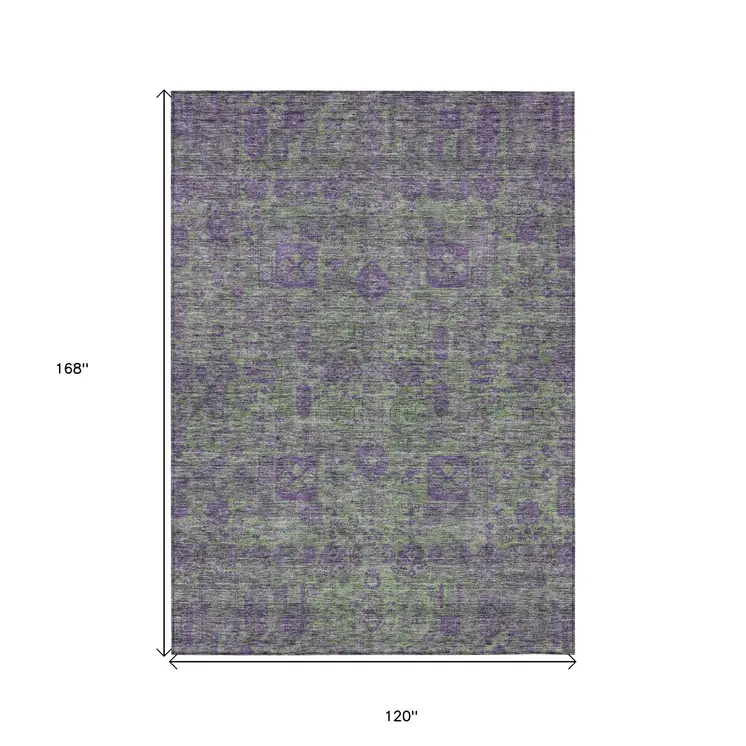 10' X 14' Fern Green And Purple Oriental Washable Indoor Outdoor Area Rug