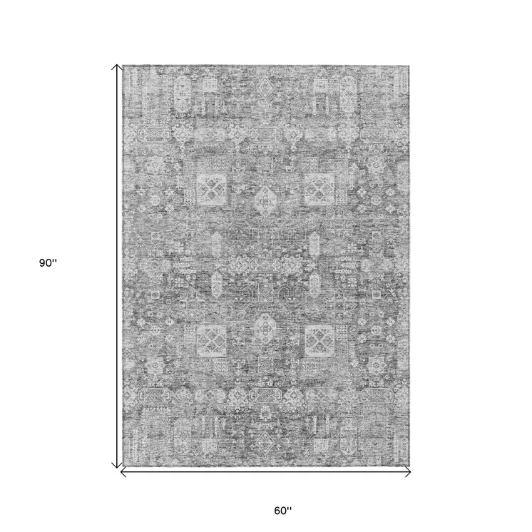 5' X 8' Gray Silver And Charcoal Oriental Washable Indoor Outdoor Area Rug