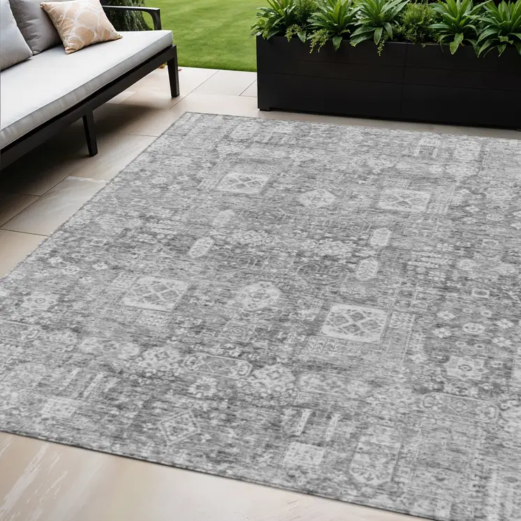 5' X 8' Gray Silver And Charcoal Oriental Washable Indoor Outdoor Area Rug